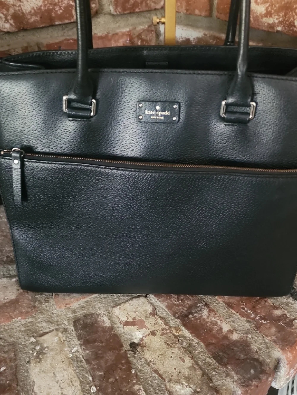 Kate Spade Black Pebbled Leather Tote Zip Front Pocket Work Bag Classic Shopper